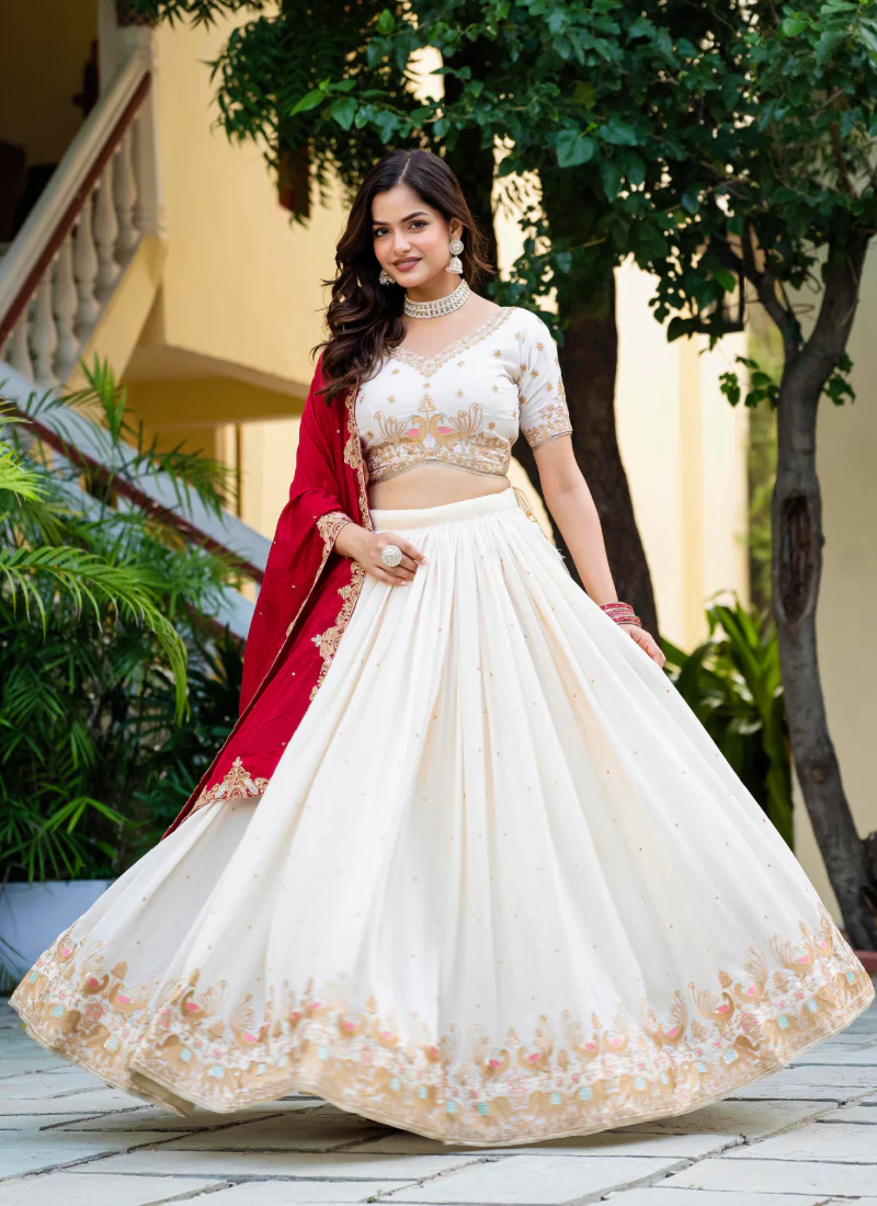 Spectacular Silk Sequence Embroidery Work Beige Lehenga Choli Set - Image 5