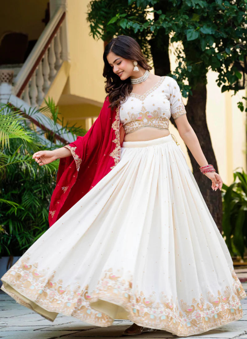 Spectacular Silk Sequence Embroidery Work Beige Lehenga Choli Set - Image 6