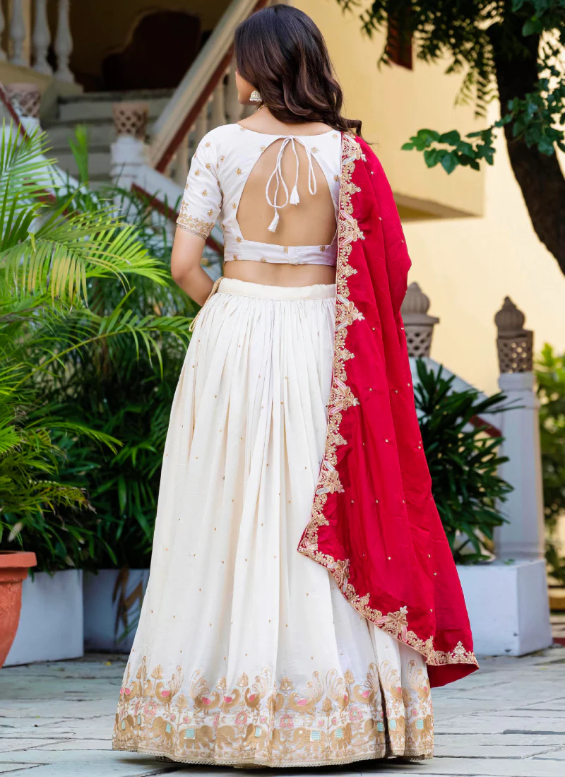 Spectacular Silk Sequence Embroidery Work Beige Lehenga Choli Set - Image 8