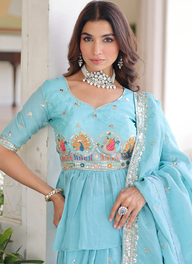 Spectacular Silk Thread Embroidered Sky Blue Lehenga With Peplum Top - Image 2