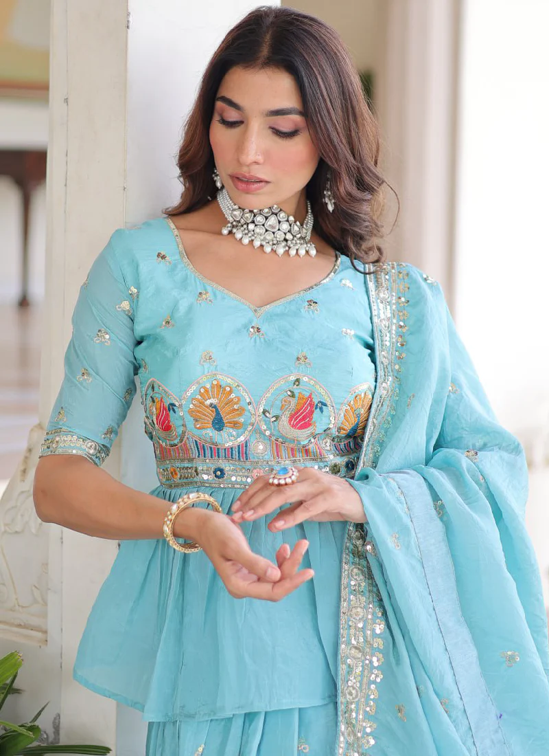 Spectacular Silk Thread Embroidered Sky Blue Lehenga With Peplum Top - Image 3