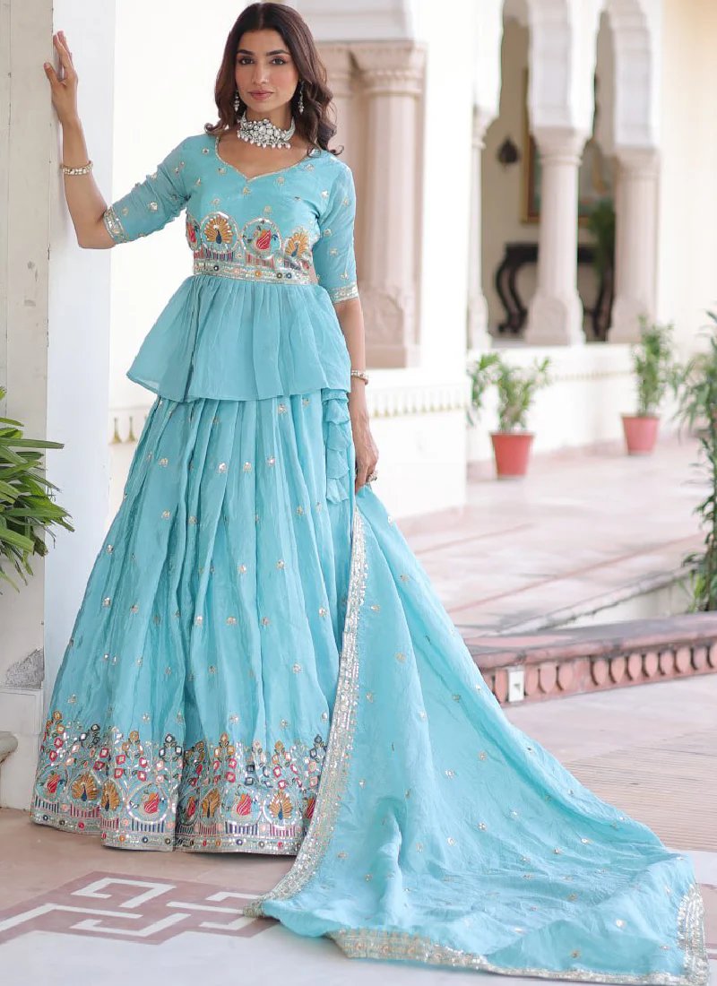 Spectacular Silk Thread Embroidered Sky Blue Lehenga With Peplum Top - Image 4