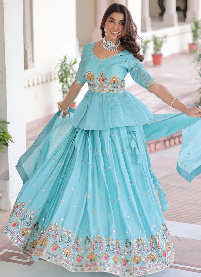 Spectacular Silk Thread Embroidered Sky Blue Lehenga With Peplum Top - Image 6