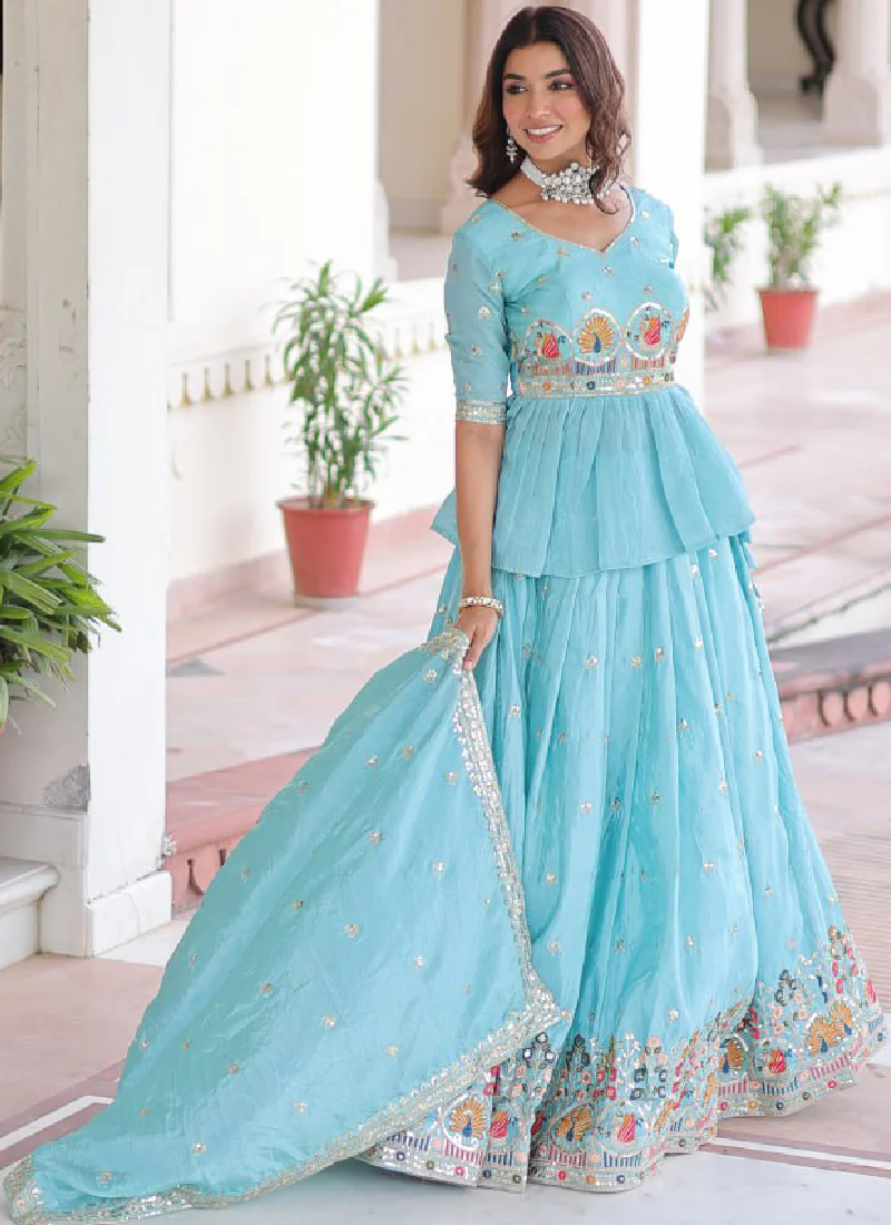 Spectacular Silk Thread Embroidered Sky Blue Lehenga With Peplum Top - Image 7