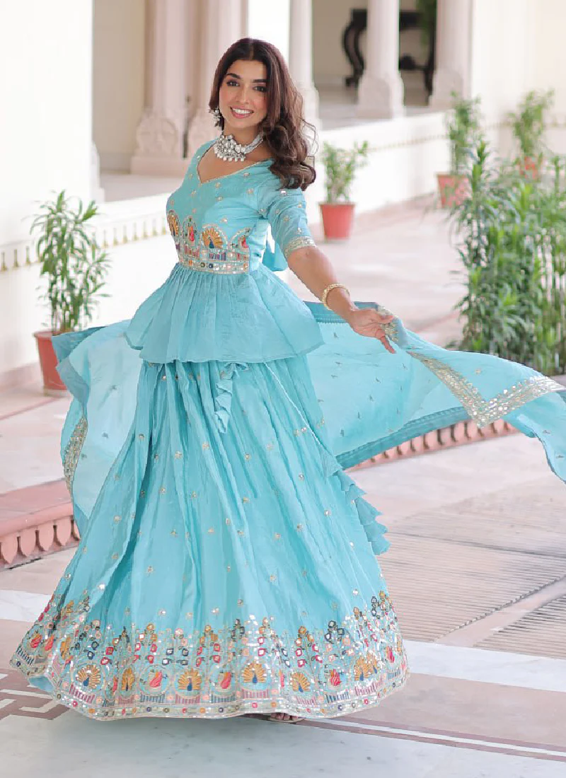 Spectacular Silk Thread Embroidered Sky Blue Lehenga With Peplum Top - Image 8