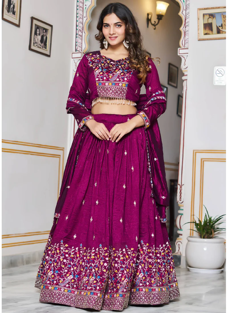 Spectacular Vichitra Silk Hand Work Wine Wedding Wear Lehenga Choli