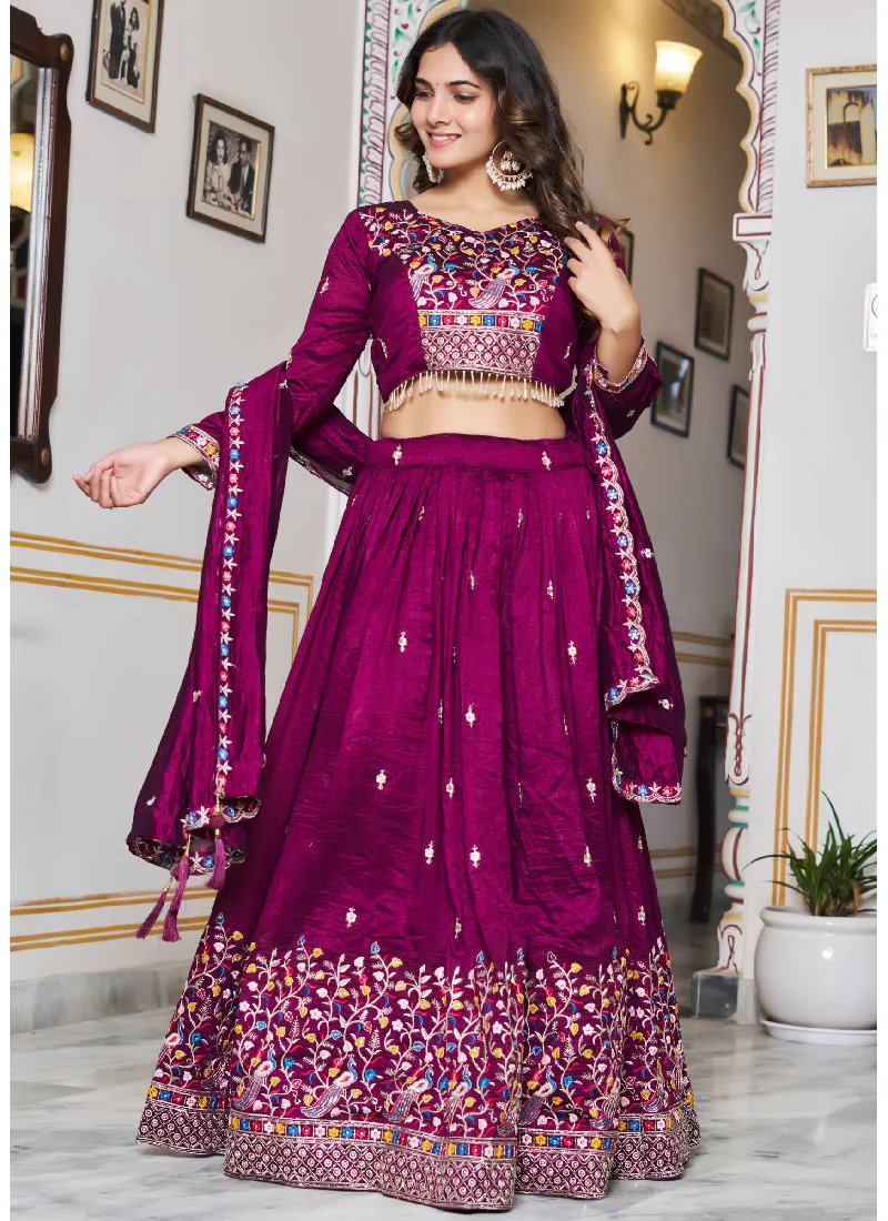 Spectacular Vichitra Silk Hand Work Wine Wedding Wear Lehenga Choli - Image 2