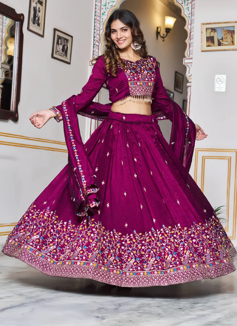 Spectacular Vichitra Silk Hand Work Wine Wedding Wear Lehenga Choli - Image 3