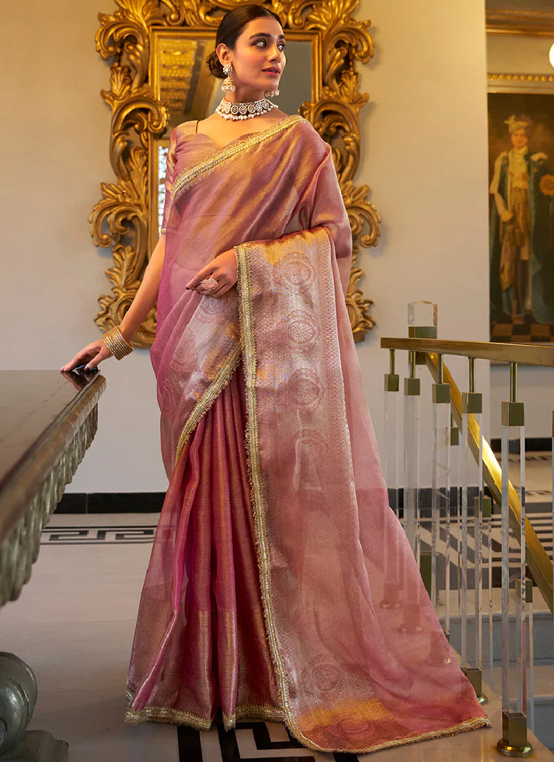 Spectacular Wedding Wear Tissue Silk Zari Weaving Light Pink Saree - Image 3