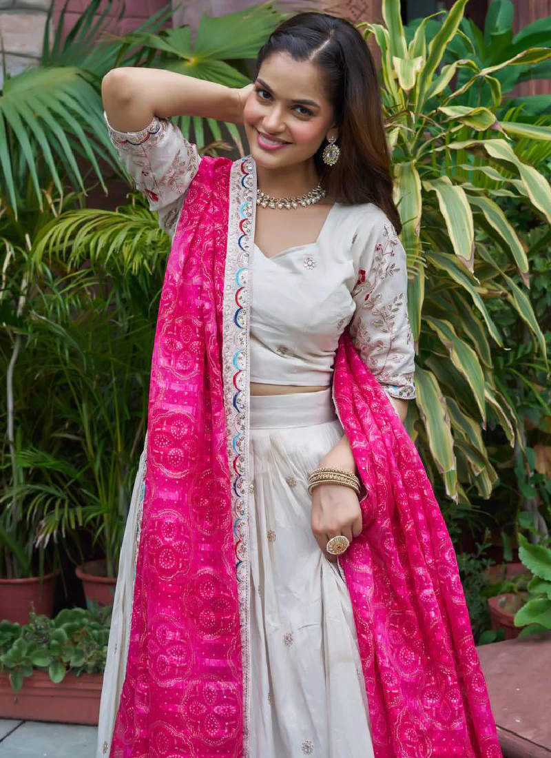 Stylish Off White Tissue Silk Cording Embroidery Wedding Lehenga Choli - Image 2