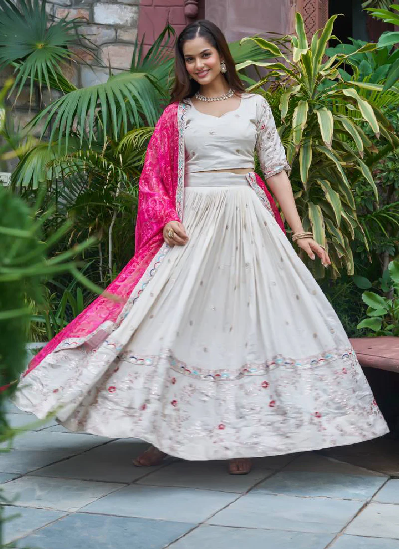 Stylish Off White Tissue Silk Cording Embroidery Wedding Lehenga Choli - Image 3