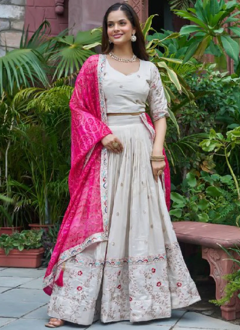 Stylish Off White Tissue Silk Cording Embroidery Wedding Lehenga Choli - Image 4