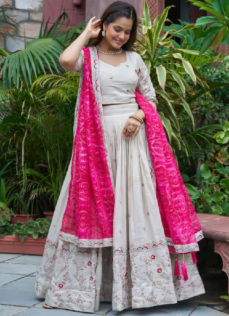 Stylish Off White Tissue Silk Cording Embroidery Wedding Lehenga Choli - Image 5