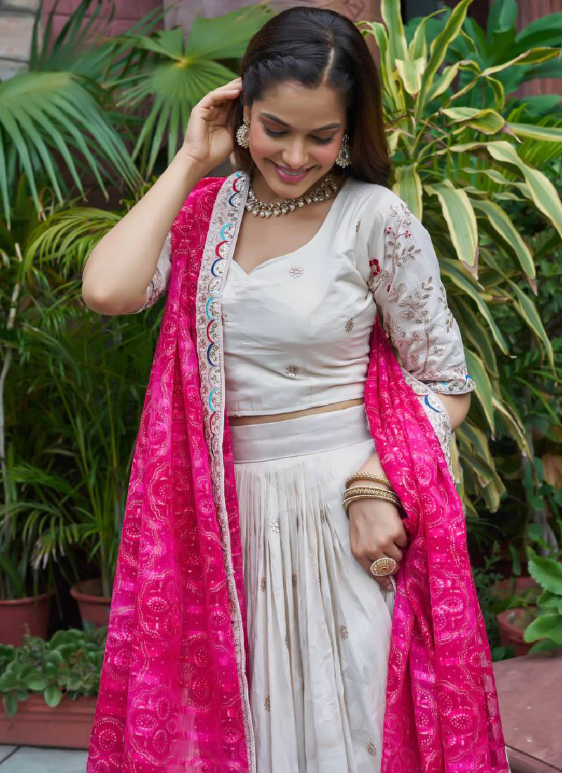 Stylish Off White Tissue Silk Cording Embroidery Wedding Lehenga Choli - Image 6