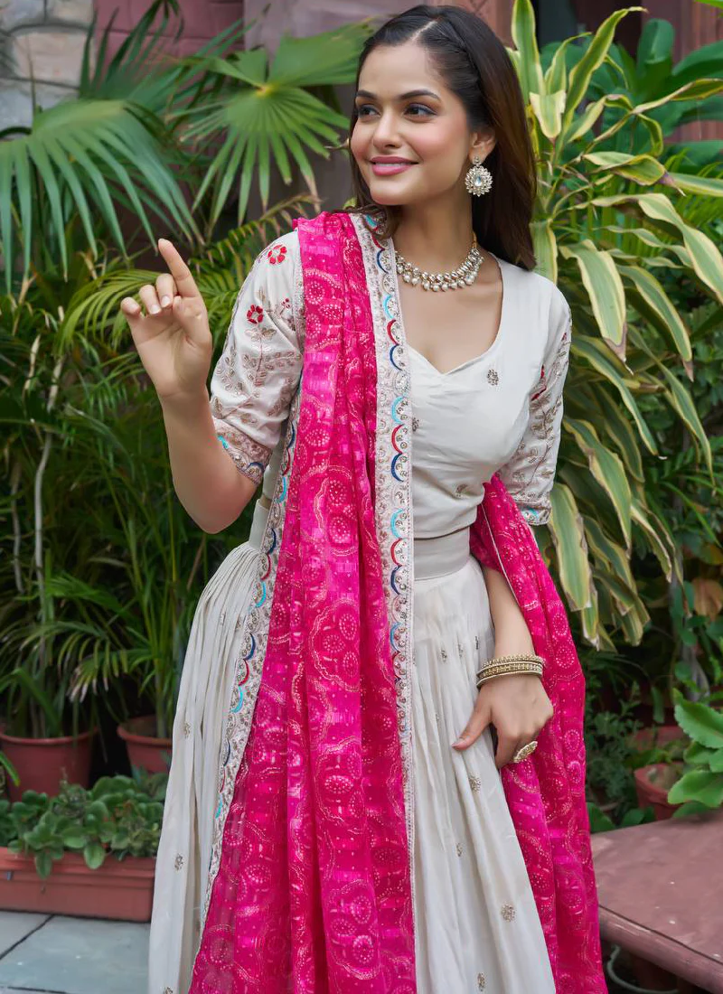 Stylish Off White Tissue Silk Cording Embroidery Wedding Lehenga Choli - Image 7