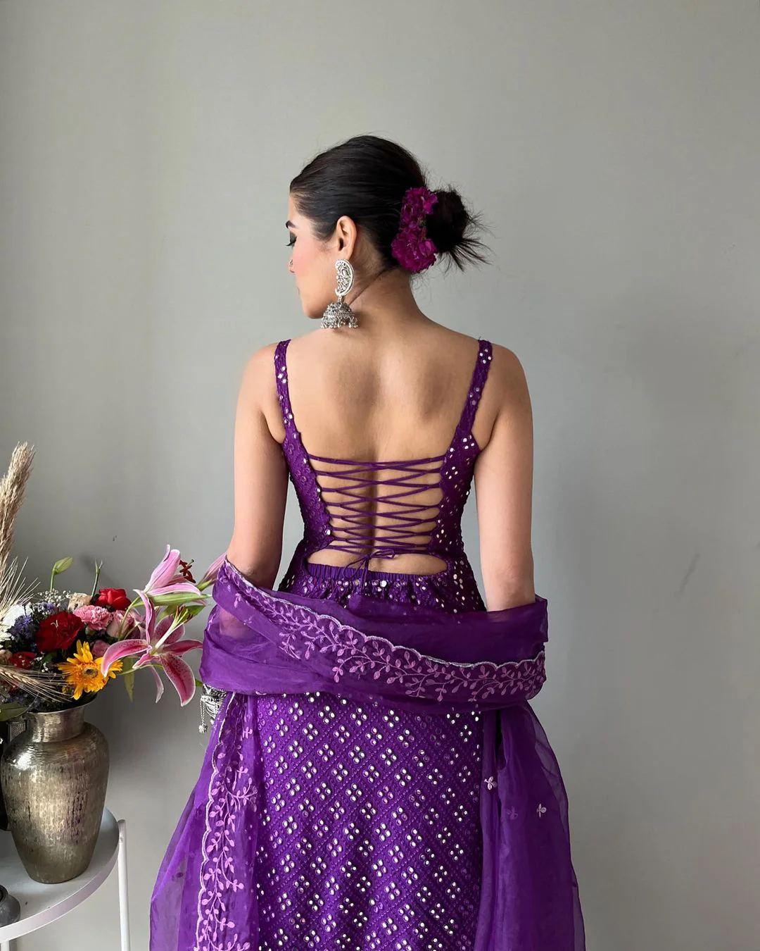 Stylish Purple Sequins Georgette Readymade Sharara Suit - Image 3