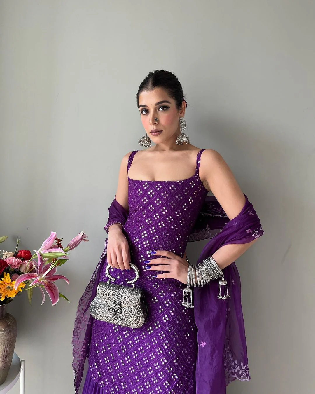 Stylish Purple Sequins Georgette Readymade Sharara Suit - Image 4