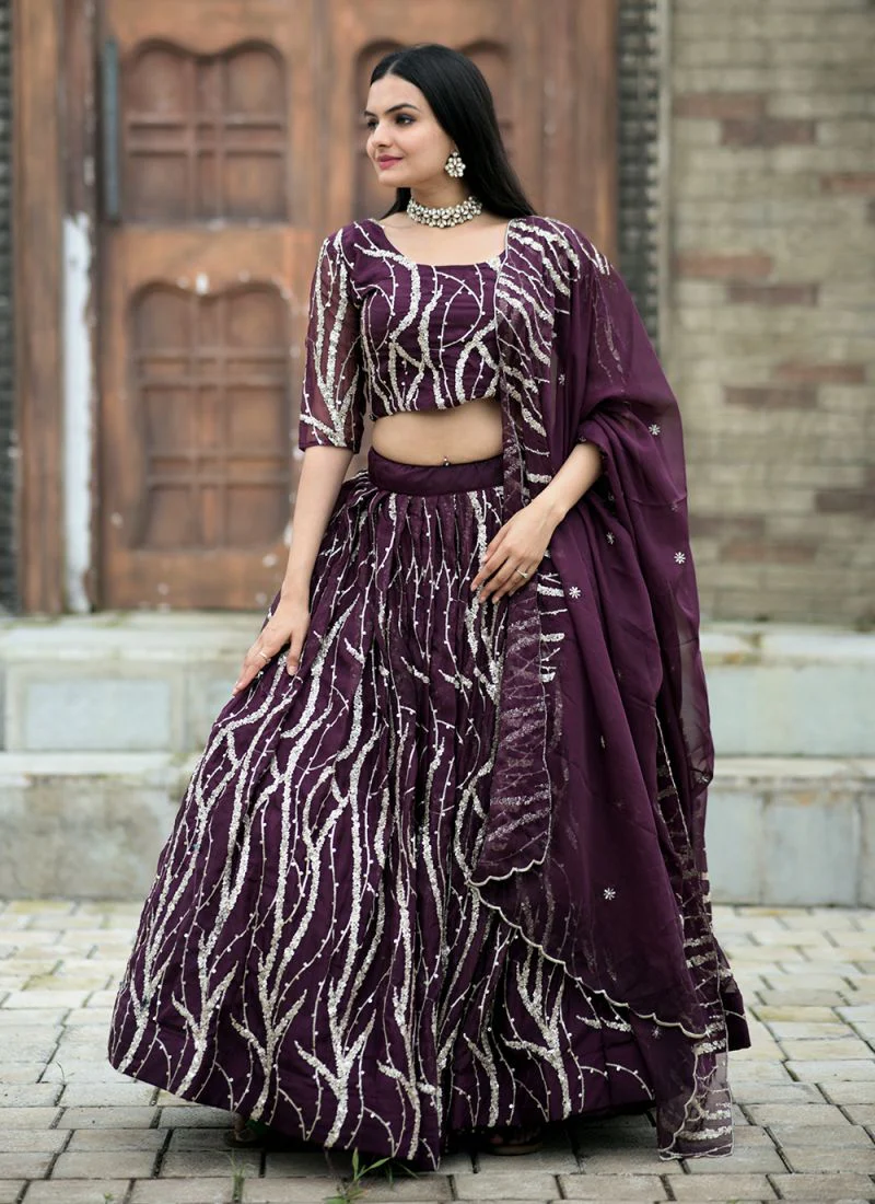 Tabby Silk Wine Sequence Embroidered Work Lehenga Choli - Image 2
