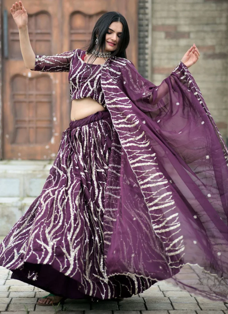 Tabby Silk Wine Sequence Embroidered Work Lehenga Choli - Image 3