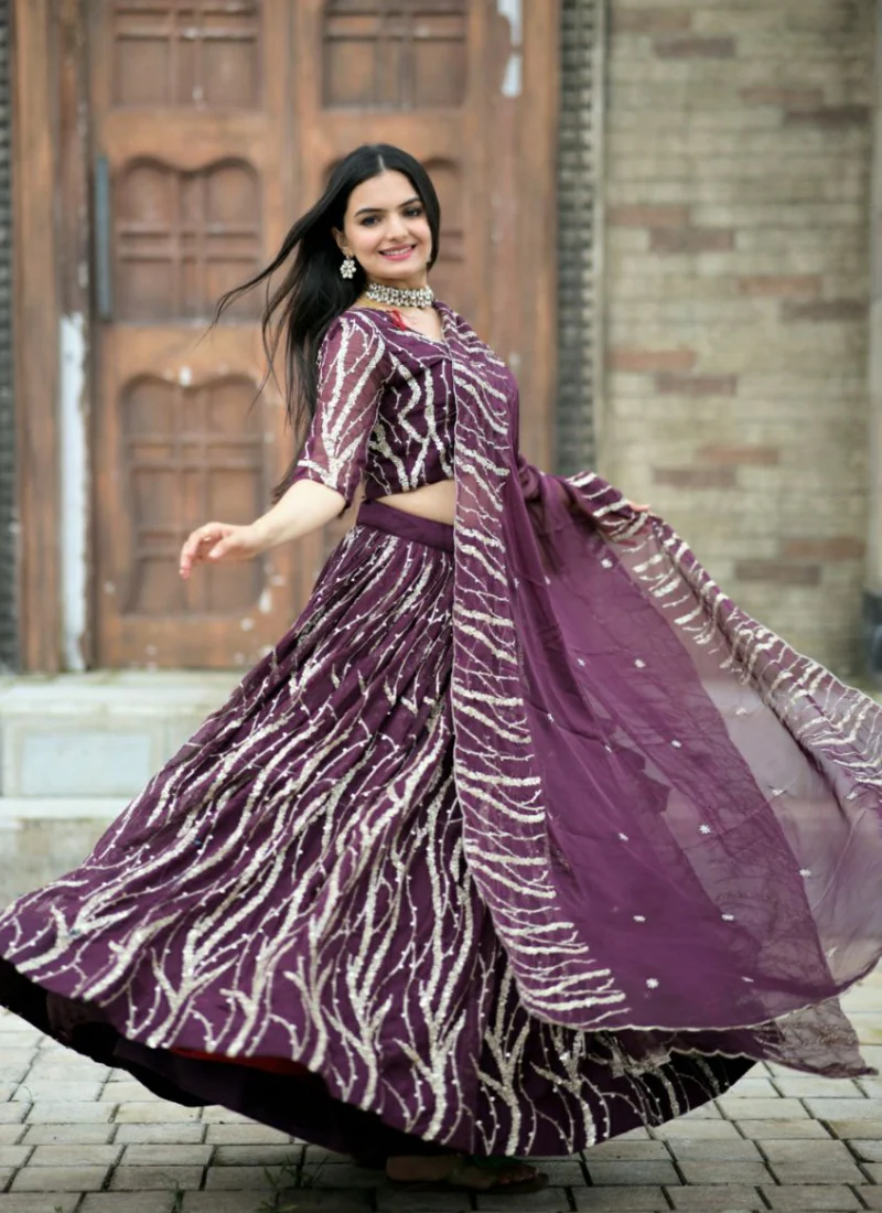 Tabby Silk Wine Sequence Embroidered Work Lehenga Choli - Image 4