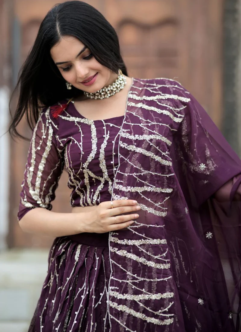 Tabby Silk Wine Sequence Embroidered Work Lehenga Choli - Image 5