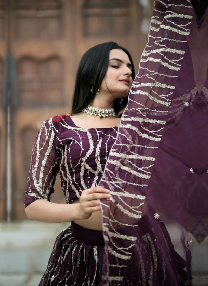 Tabby Silk Wine Sequence Embroidered Work Lehenga Choli - Image 6