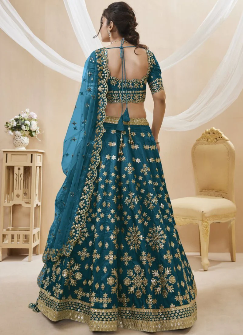 Teal Blue Foil Mirror Embroidered Mulberry Silk Lehenga Choli - Image 3