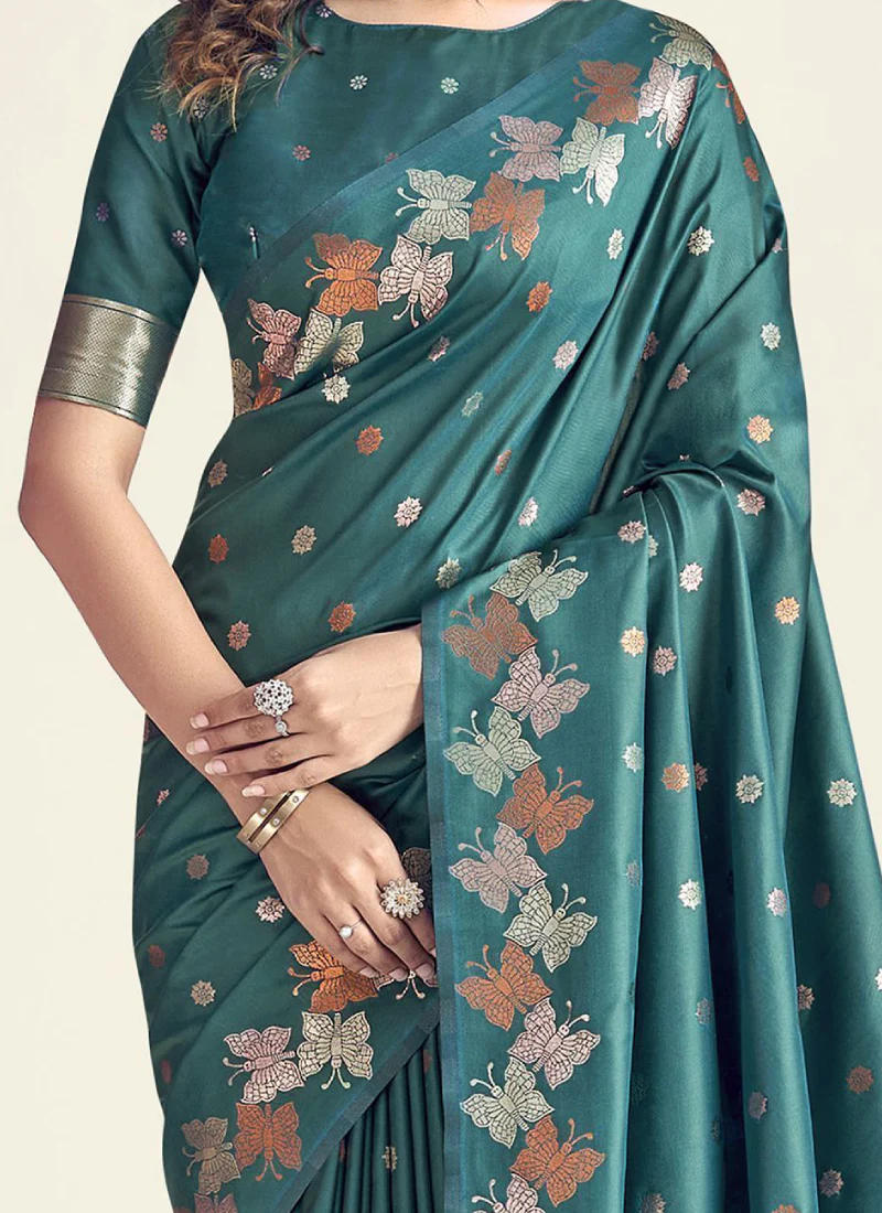 Teal Green Zari Weaving Work Banarasi Silk Festive Saree With Blouse - Image 3