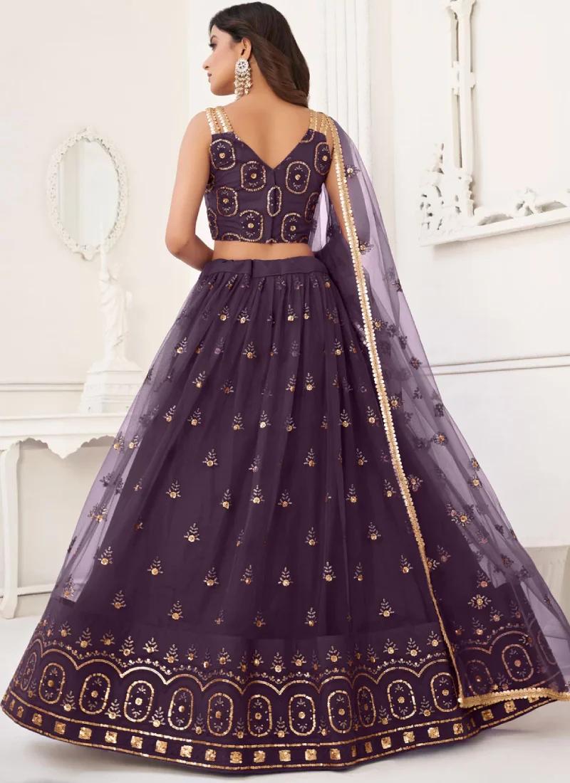 Thread Embroidered Butterfly Net Party Wear Wine Lehenga Choli - Image 3