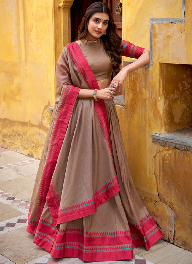 Thread Embroidered Chanderi Silk Chiku Color Half Saree Lehenga Choli - Image 3