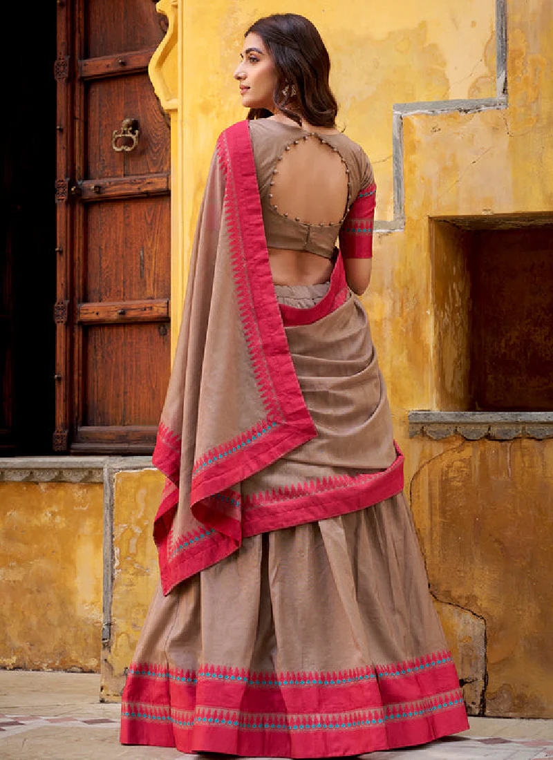 Thread Embroidered Chanderi Silk Chiku Color Half Saree Lehenga Choli - Image 4