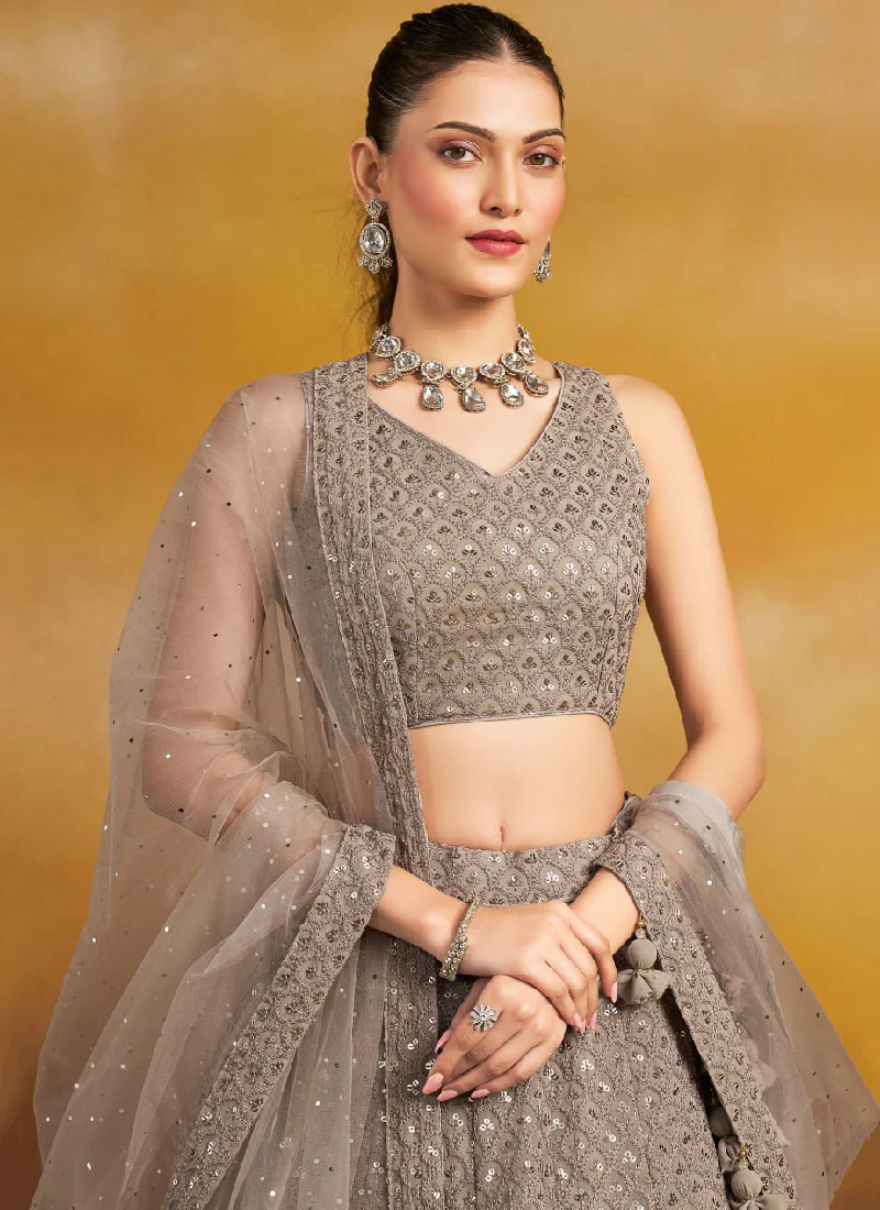 Thread Embroidered Georgette Grey Stylish Lehenga Choli With Dupatta - Image 2