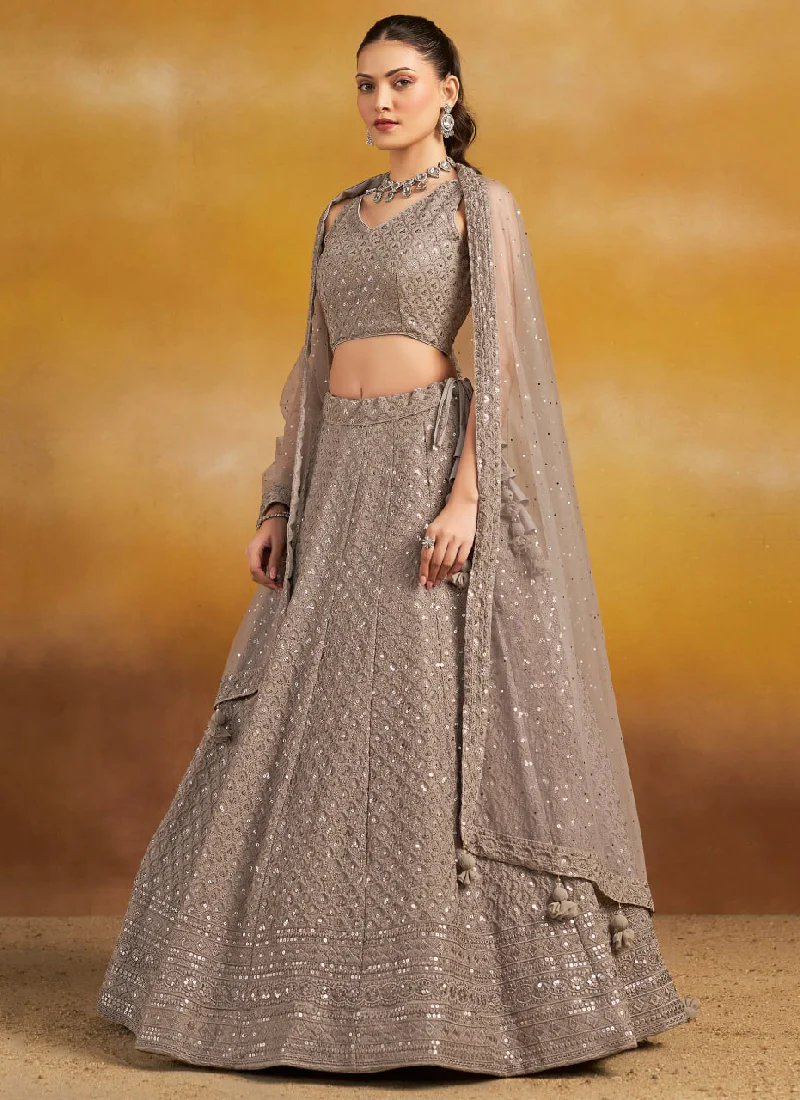 Thread Embroidered Georgette Grey Stylish Lehenga Choli With Dupatta - Image 3