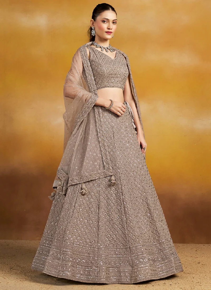 Thread Embroidered Georgette Grey Stylish Lehenga Choli With Dupatta - Image 4