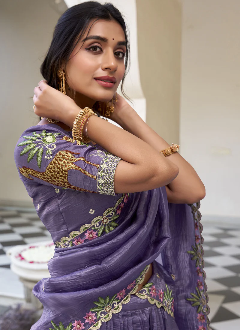 Thread Embroidered Lavender Festival Wear Silk Lehenga Choli Set - Image 2