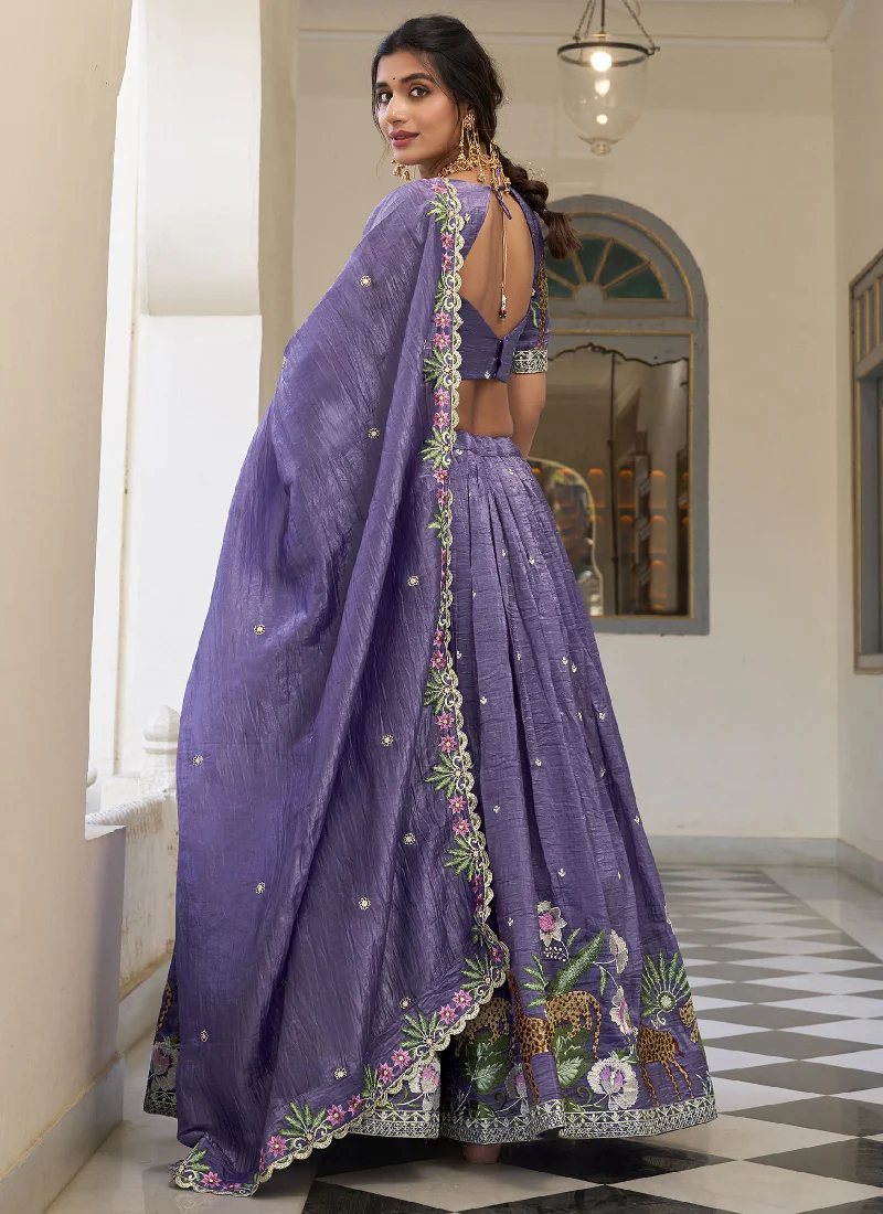 Thread Embroidered Lavender Festival Wear Silk Lehenga Choli Set - Image 4
