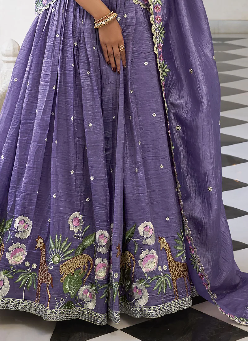 Thread Embroidered Lavender Festival Wear Silk Lehenga Choli Set - Image 5