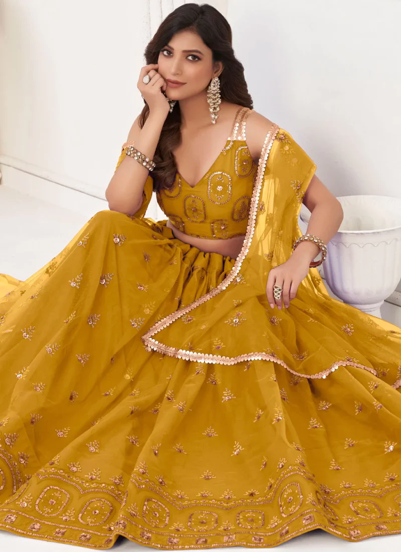 Thread Embroidered Net Yellow Lehenga Choli For Haldi Function - Image 4