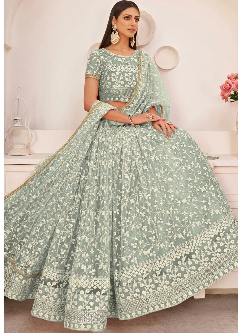 Thread Embroidered Pista Green Soft Net Lehenga Choli For Party - Image 2