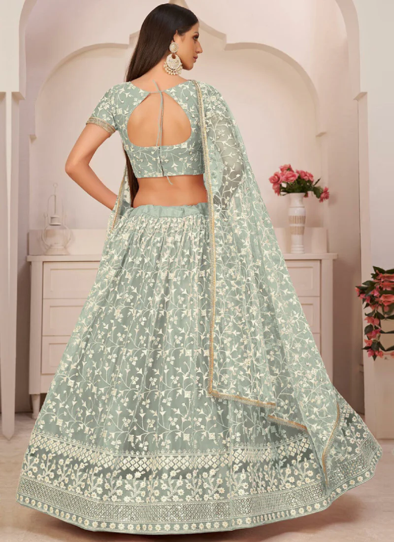 Thread Embroidered Pista Green Soft Net Lehenga Choli For Party - Image 3