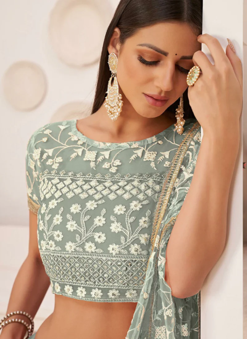 Thread Embroidered Pista Green Soft Net Lehenga Choli For Party - Image 4