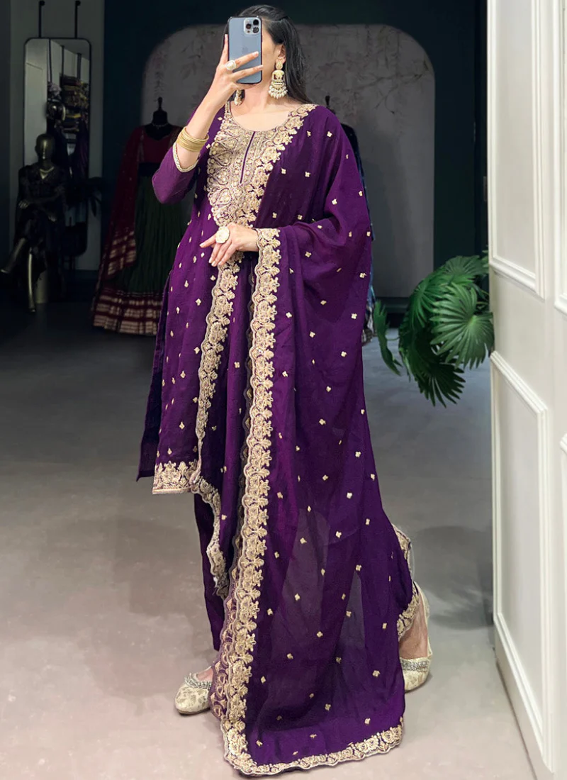 Thread Embroidered Purple Vichitra Silk Punjabi Kurta Pant For Women - Image 3