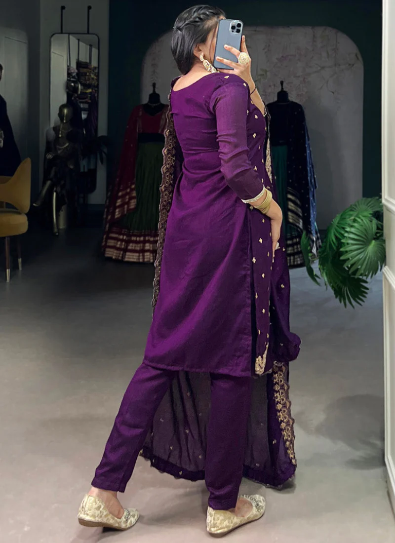 Thread Embroidered Purple Vichitra Silk Punjabi Kurta Pant For Women - Image 6
