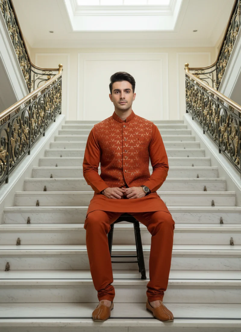 Thread Embroidered Silk Rust Orange Traditional Rust Orange Men's Kurta - Image 3