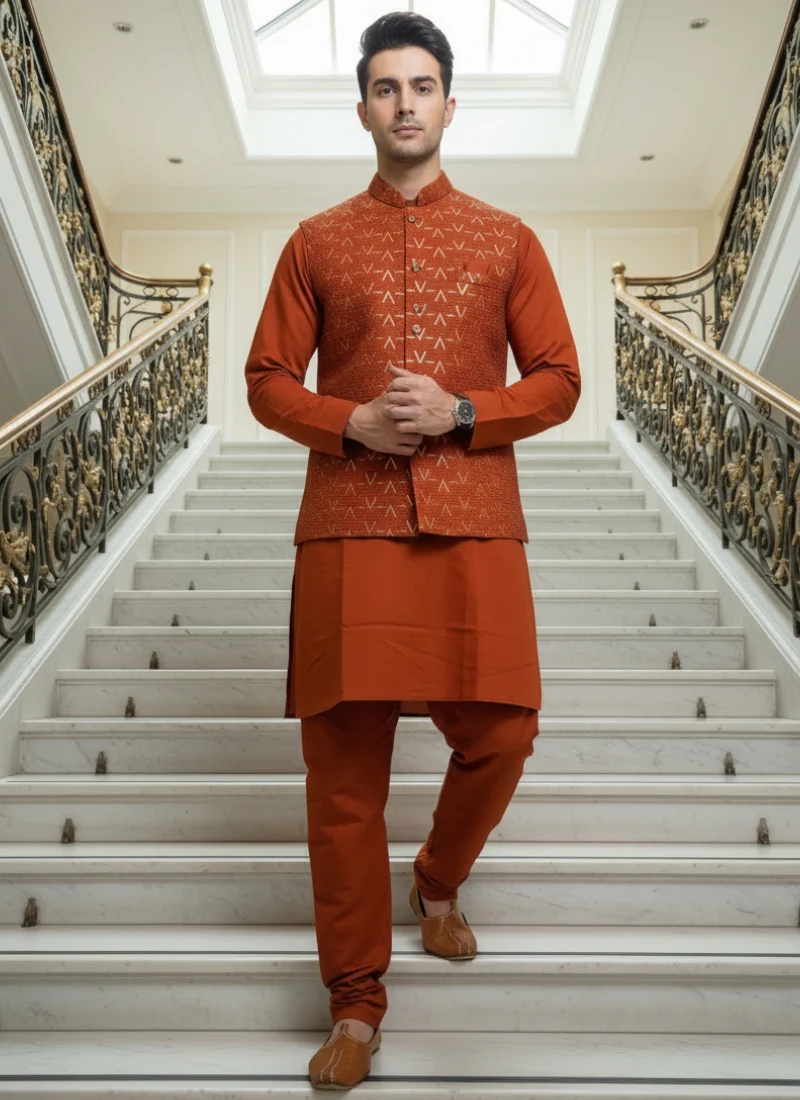 Thread Embroidered Silk Rust Orange Traditional Rust Orange Men's Kurta - Image 4