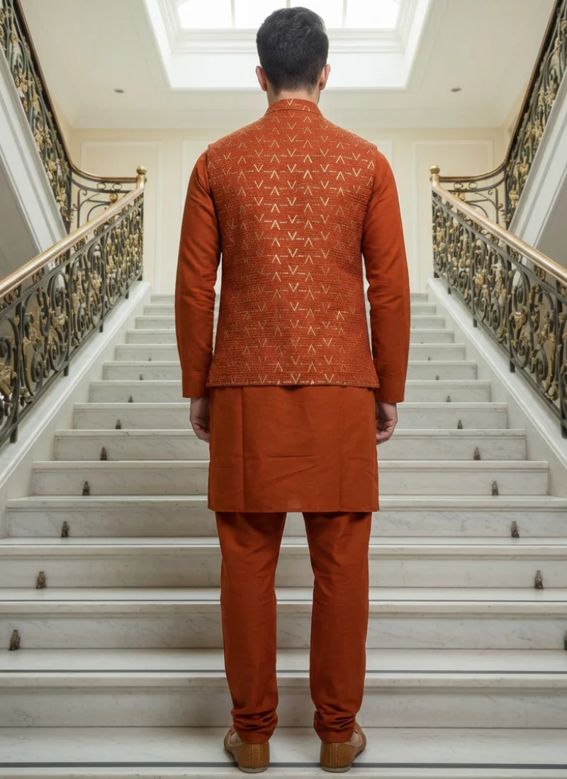 Thread Embroidered Silk Rust Orange Traditional Rust Orange Men's Kurta - Image 5