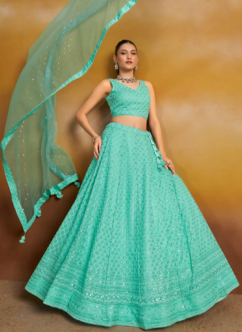 Thread Embroidered Sky Blue Georgette Wedding Wear Lehenga Choli - Image 4
