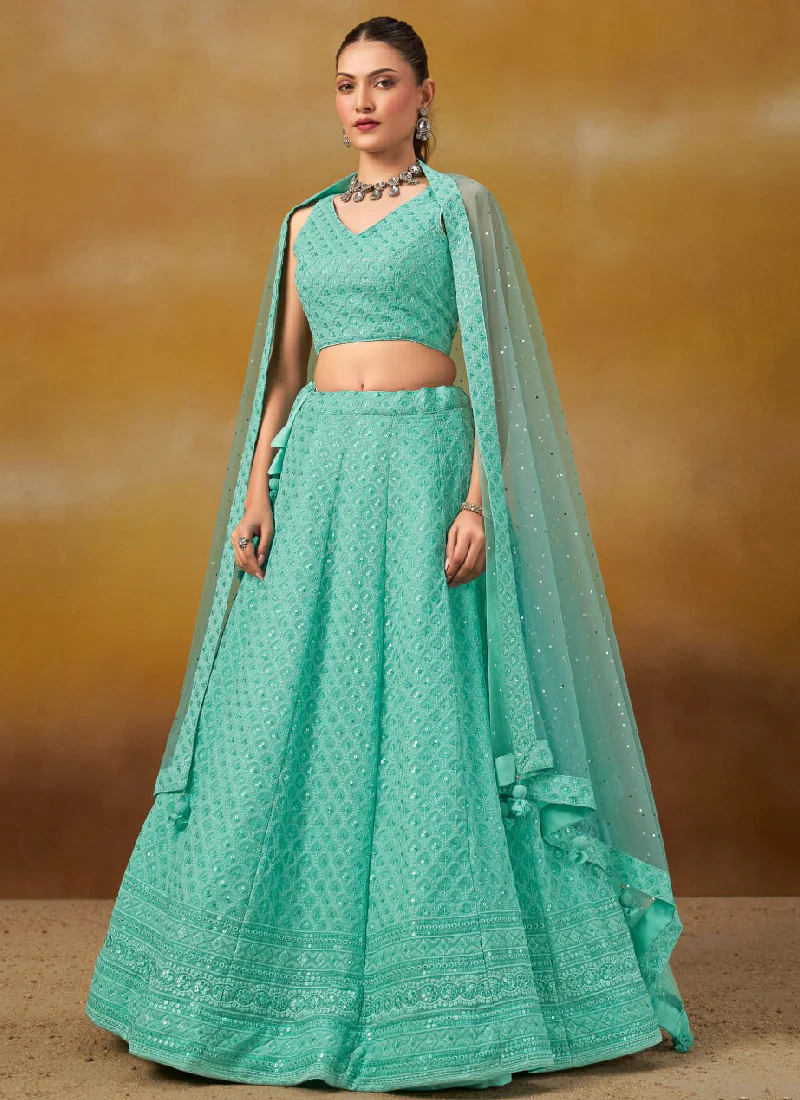 Thread Embroidered Sky Blue Georgette Wedding Wear Lehenga Choli - Image 5