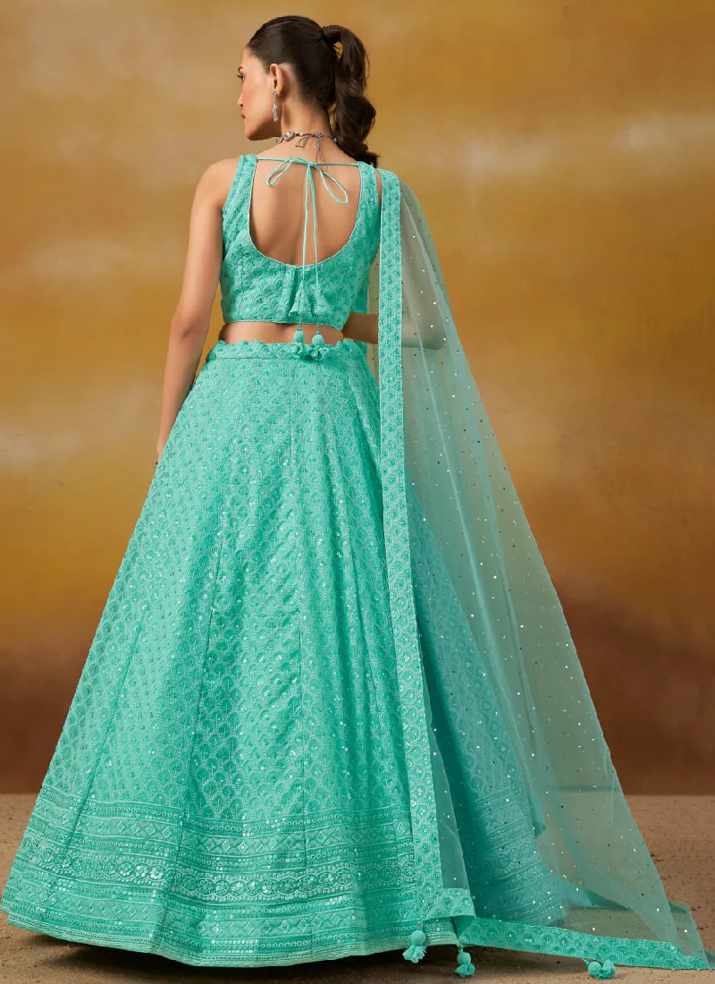 Thread Embroidered Sky Blue Georgette Wedding Wear Lehenga Choli - Image 7