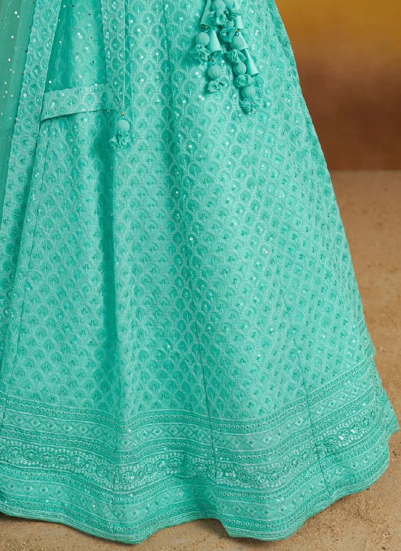 Thread Embroidered Sky Blue Georgette Wedding Wear Lehenga Choli - Image 8